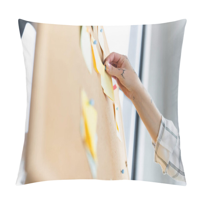 Personality  Partial View Of Woman With Tattoo Attaching Sticky Note On Blurred Corkboard In Office Pillow Covers