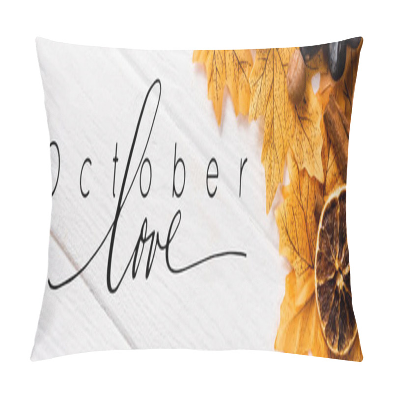 Personality  Top View Of Autumnal Decoration And Grapes Near October Love Lettering On White Background, Panoramic Crop Pillow Covers