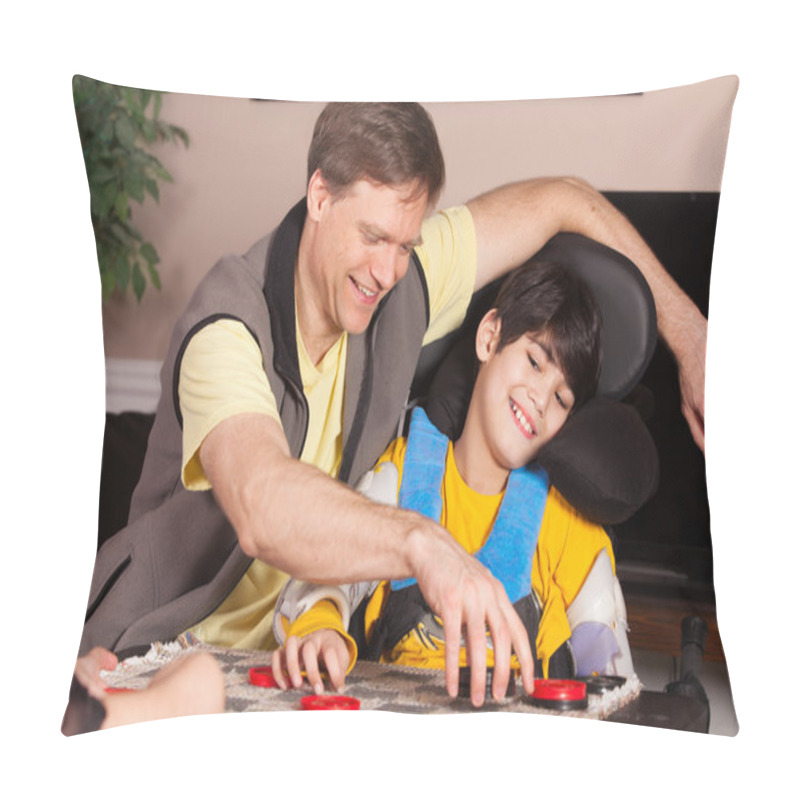 Personality  Disabled Boy In Wheelchair Playing Checkers With Father At Home Pillow Covers