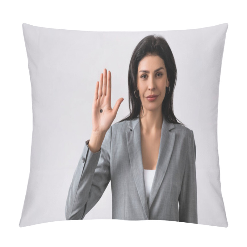 Personality  Businesswoman Showing Hand With Black Dot On Palm And Standing On White, Domestic Violence Concept  Pillow Covers