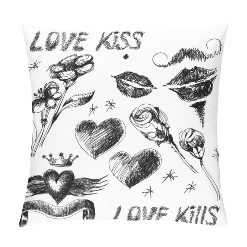 Personality  Set Of Black And White Hand Drawn Valentine Design Elements Pillow Covers