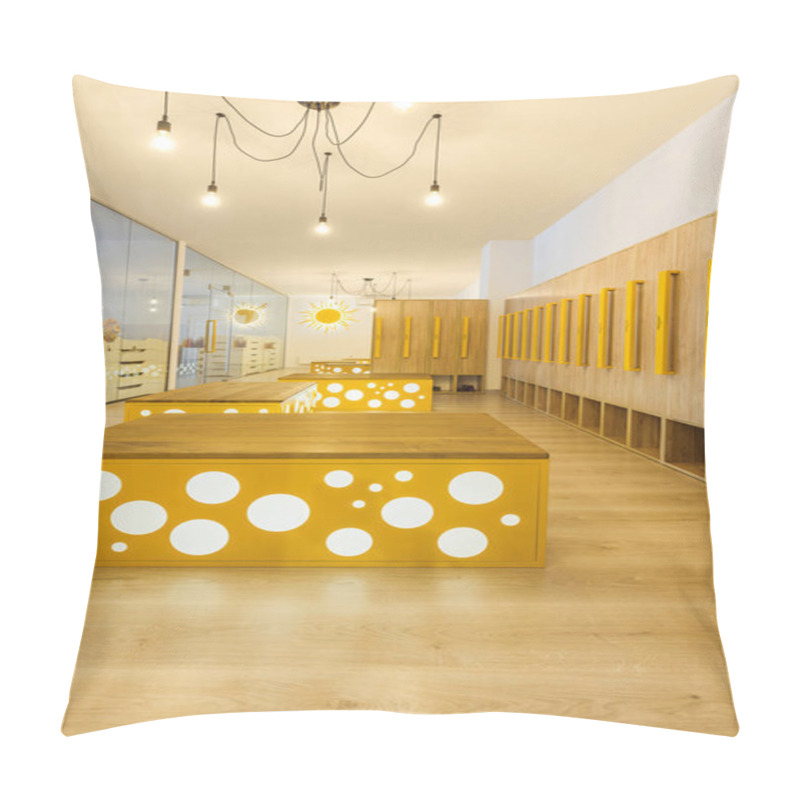 Personality  Wooden Lockers, Benches And Mirror In Illuminated Kindergarten Cloakroom   Pillow Covers