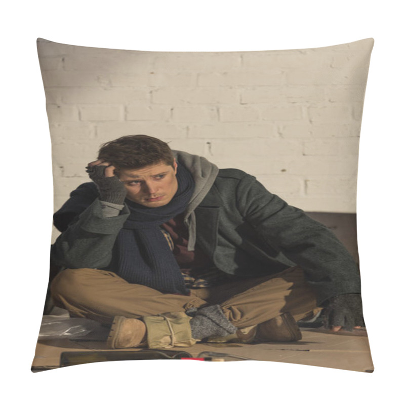 Personality  Depressed Homeless Man Sitting On Cardboard And Propping Head With Hand Pillow Covers