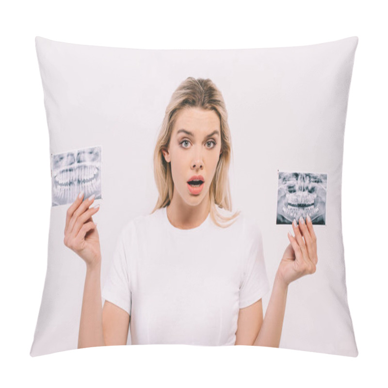 Personality  Shocked Woman In T-shirt Holding Teeth X-rays Isolated On White Pillow Covers