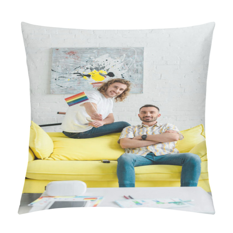 Personality  Cheerful Homosexual Men Smiling Near Lgbt Flag At Home  Pillow Covers