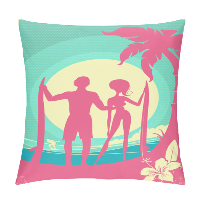 Personality  Lovely Couple Of Surfers And Blue Sea Waves On Vector Poster Bac Pillow Covers