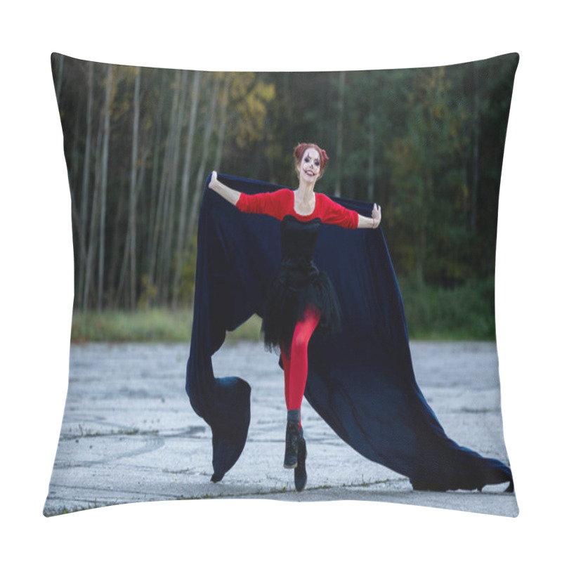 Personality  A Cheerful, Beautiful Young Woman In Motion, Wearing Red And Black Clothes With A Blue Cape: A Play Of Colors And Halloween Fun Pillow Covers