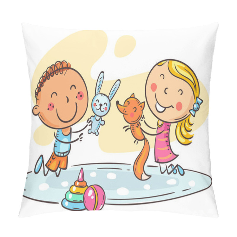 Personality  Doodle Happy Cartoon Kids Playing With Toys On The Carpet. Vector Clipart Illustration Pillow Covers