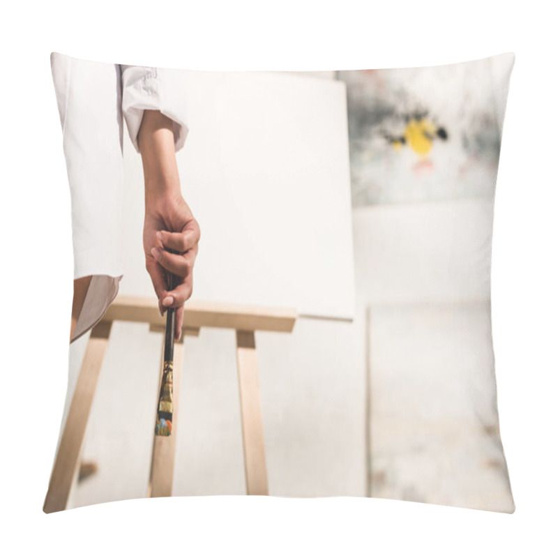 Personality  Cropped View Of Girl Holding Paintbrush Near Easel Pillow Covers