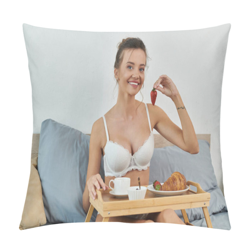 Personality  A Young Woman Playfully Holds A Strawberry While Seated With Breakfast. Pillow Covers