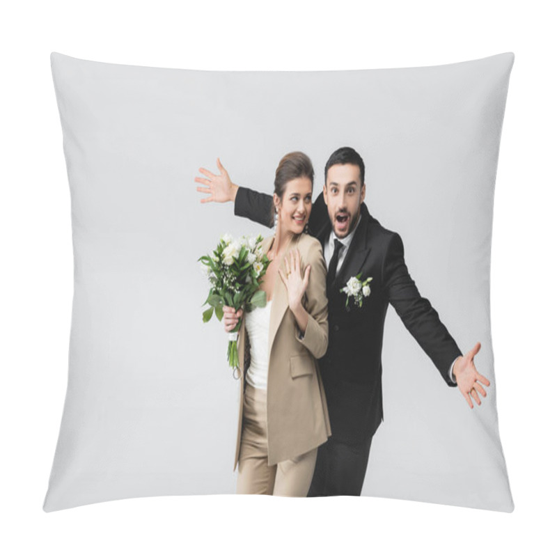 Personality  Astonished Muslim Man Standing With Open Arms Near Happy, Elegant Bride Isolated On Grey Pillow Covers