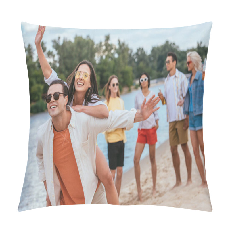 Personality  Cheerful Young Man Piggybacking Happy Girlfriend While Walking On Beach Together With Multicultural Friends  Pillow Covers