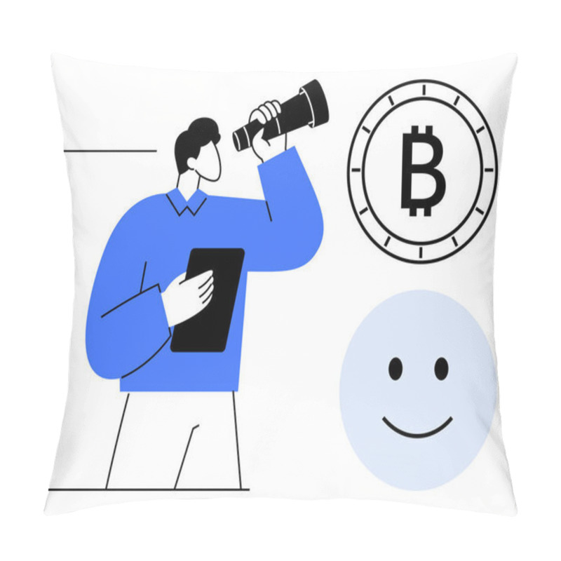 Personality  Man Holding A Tablet, Looking Through A Telescope Towards A Bitcoin Symbol And A Happy Face. Ideal For Cryptocurrency, Investment, Finance, Strategy, Technology, Future, Optimism. Line Metaphor Pillow Covers