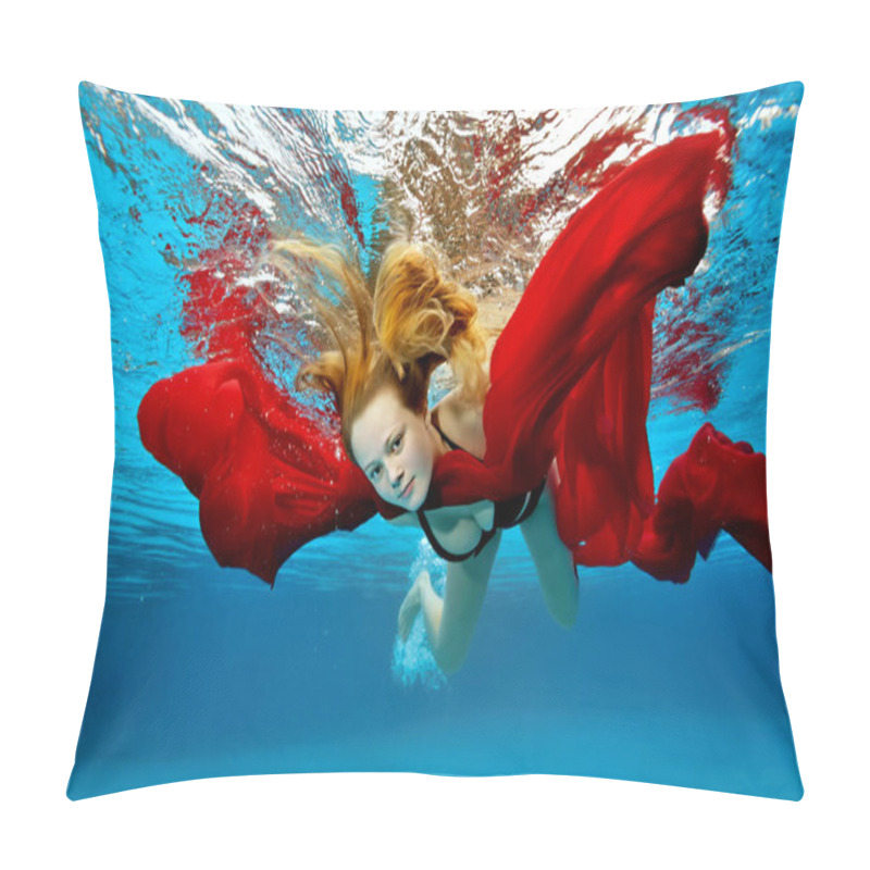 Personality  A Cute Girl Is Relaxing And Having Fun In The Outdoor Pool On A Summer Day. She Dives Under The Water And Swims With A Red Cloth In Her Hands With Her Hair Flying. Portrait. Underwater Photography. Pillow Covers