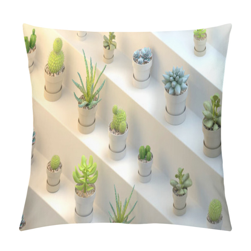 Personality  3d Rendering Of Many Realistic Cactuses With Pots On White Abstract Shelf Or Stairs. Isometric Angle, Side View. Pillow Covers