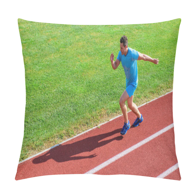 Personality  Sprinter Training At Stadium Track. Runner Captured In Midair. Short Distance Running Challenge. Boost Speed. Athlete Run Track Grass Background. Run Into Shape. Running Challenge For Beginners Pillow Covers