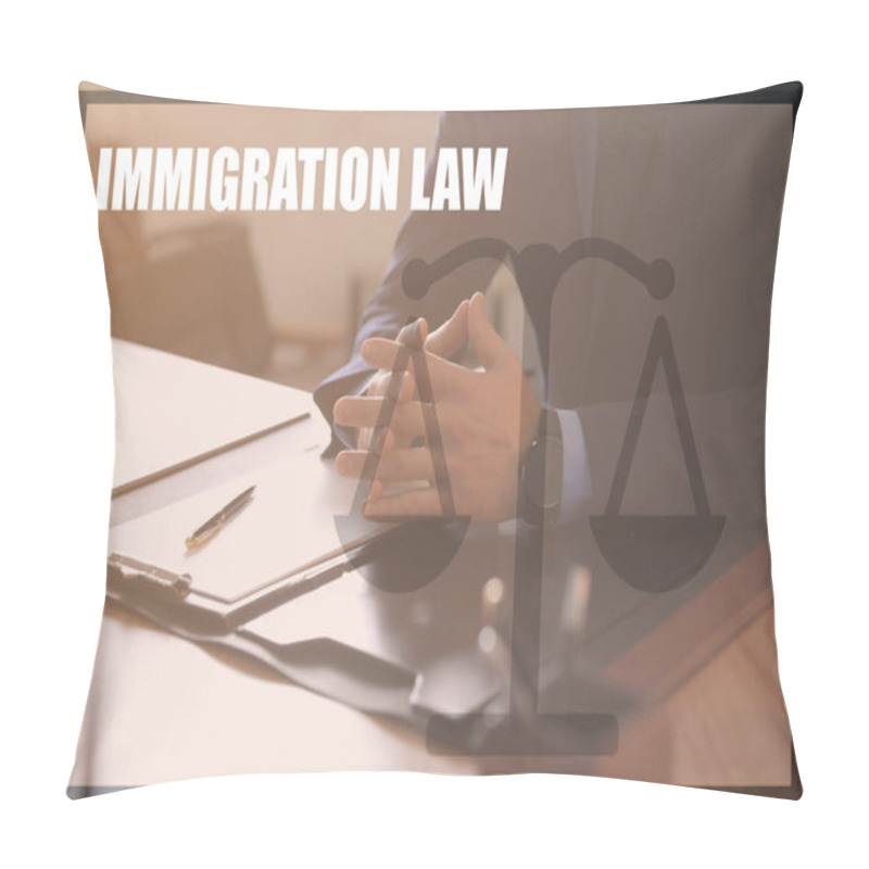 Personality  Lawyer At Table In Office, Closeup. Immigration Law Concept Pillow Covers