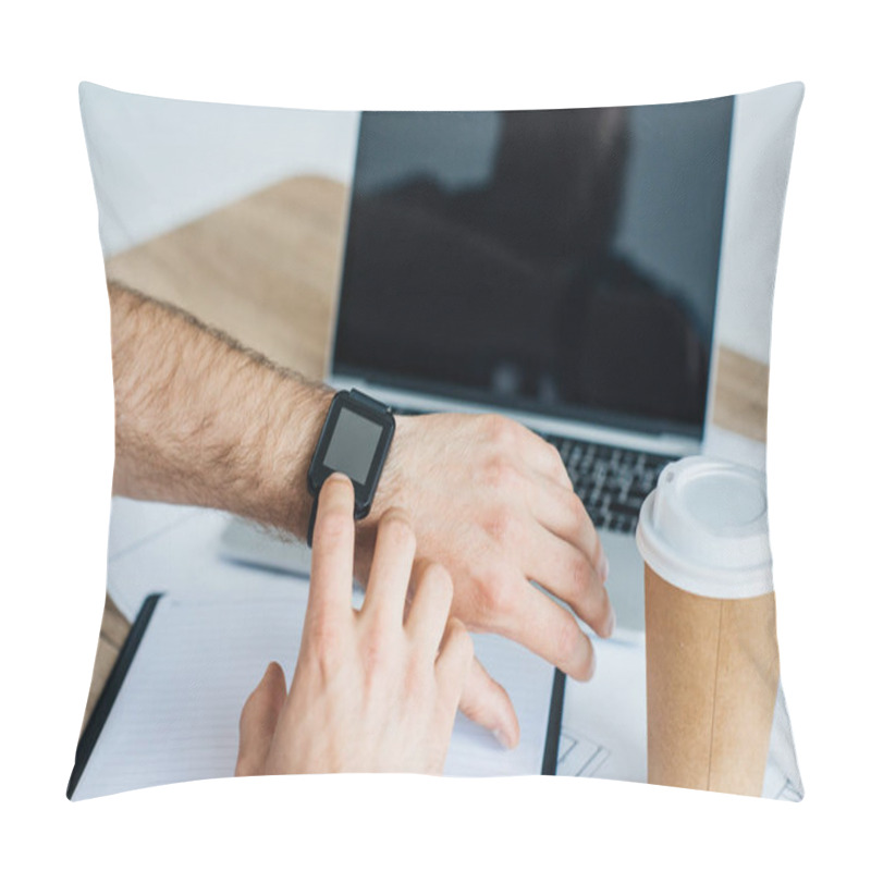 Personality  Close-up Partial View Of Person Using Smartwatch At Workplace  Pillow Covers