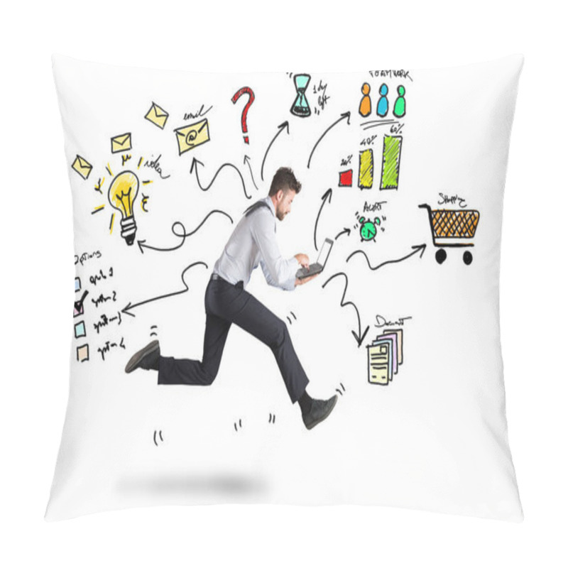 Personality  Businessman Runs With Too Many Tasks On Laptop. Concept Of Stress And Overwork Pillow Covers