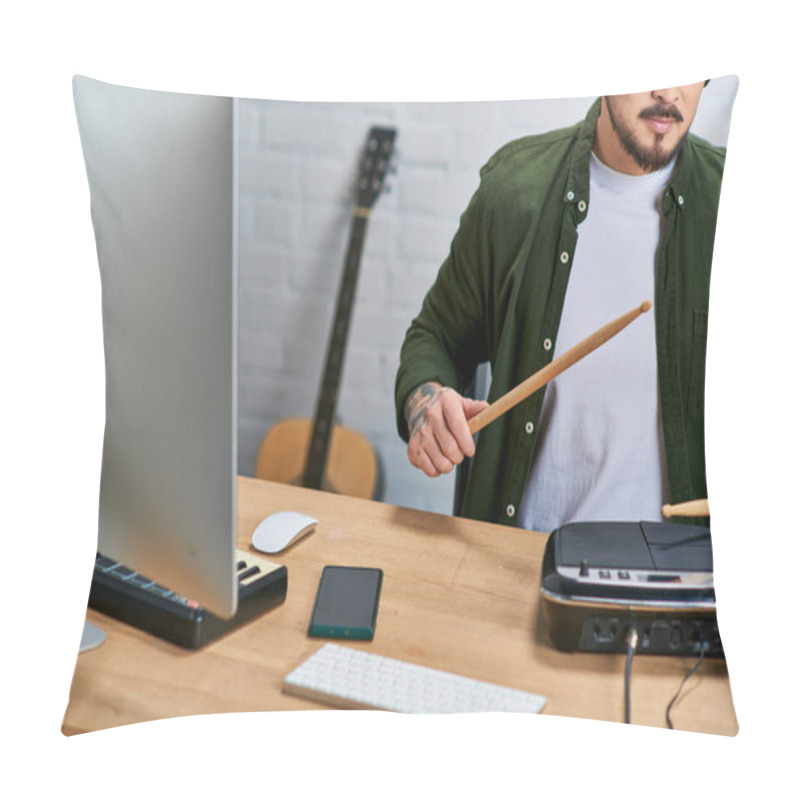 Personality  An Asian Man, A Multi-instrumentalist, Plays Drums In His Studio, Surrounded By Music Equipment. Pillow Covers