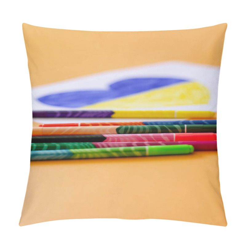 Personality  Modern Felt Pens Near Blurred Paper With Drawn Heart And Ukrainian Flag On Yellow  Pillow Covers