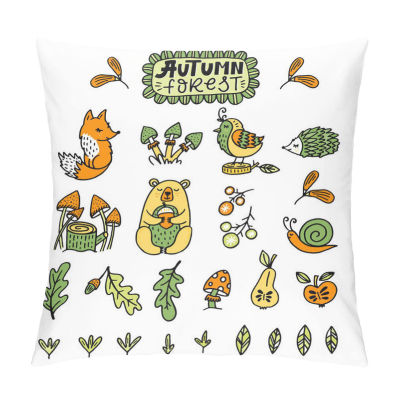 Personality  Set Of Cute Autumn Cartoon Characters, Plants And Fruits. Fall Season. Forest Animals. Collection Of Doodle Outline  Elements For Coloring Book, Children Design. Pillow Covers