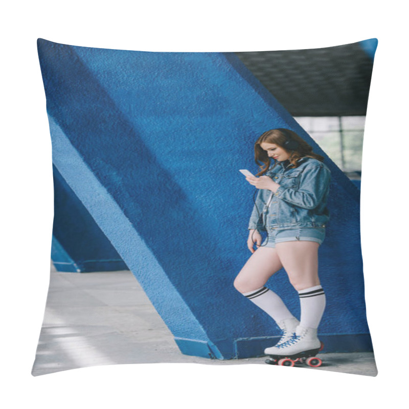 Personality  Side View Of Stylish Woman In Headphones, Denim Clothing, High Socks And Retro Roller Skates Using Smartphone Pillow Covers