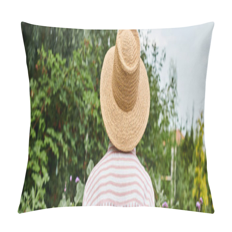 Personality  Back View Of Mature Woman In Straw Hat Posing In Her Lively Garden While Working There, Banner Pillow Covers