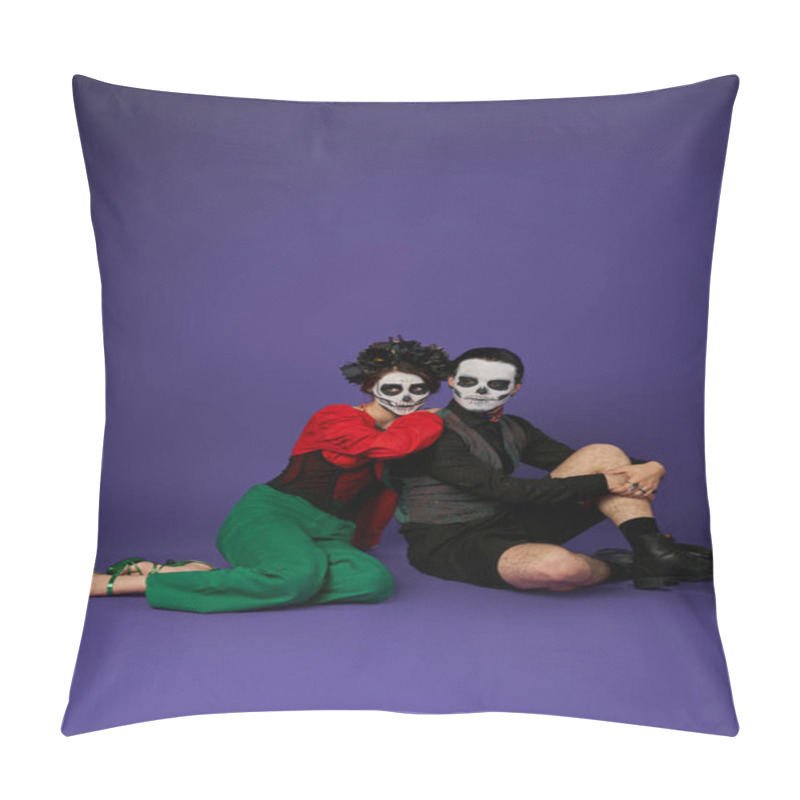 Personality  Couple In Traditional Dia De Los Muertos Makeup And Festive Attire Sitting On Blue, Full Length Pillow Covers