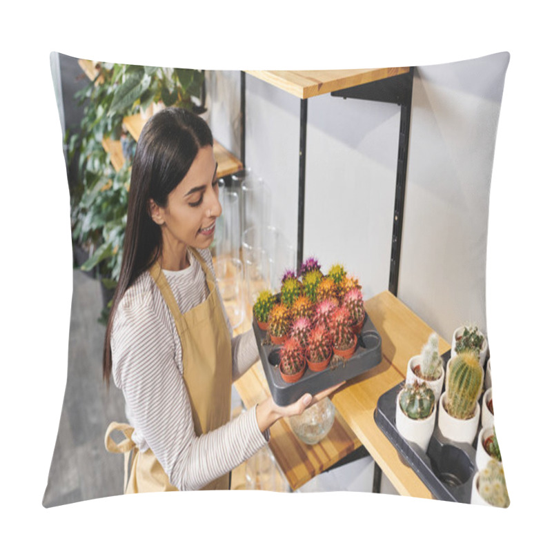 Personality  Brunette Plant Shop Owner Arranges Vibrant Cacti In Her Eco-friendly Flower Shop, Showing Her Skills. Pillow Covers