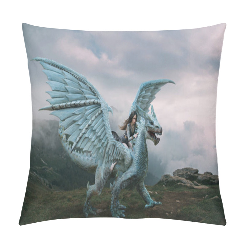 Personality  A Young Woman Sits Astride A Dragon. Fantasy Photography. A Huge Creature With Spikes And Wings Stands On Top Of A Mountain. Beautiful Nature Sky And White Clouds. Pillow Covers