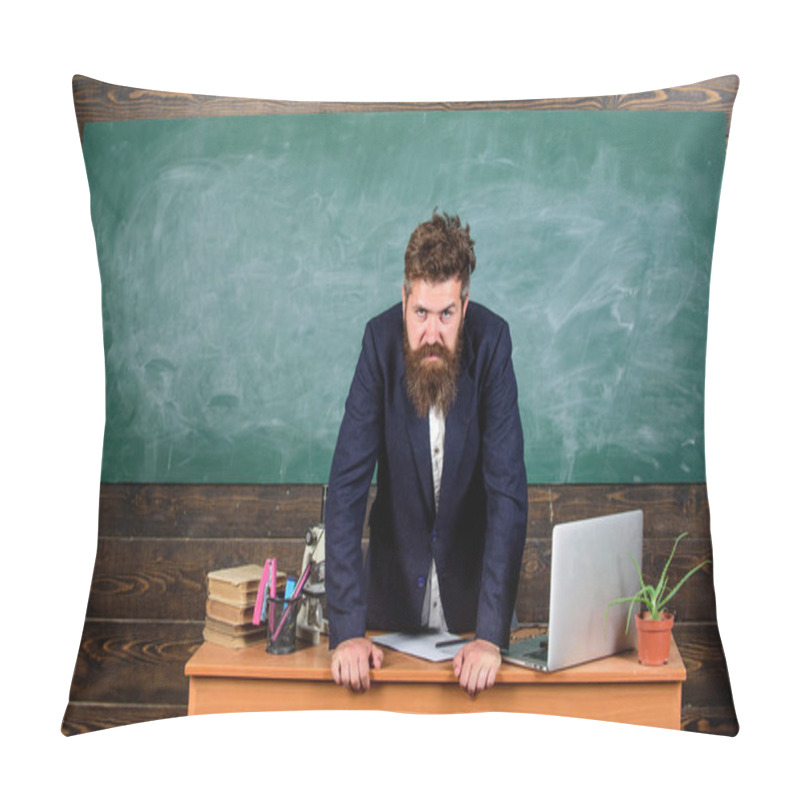 Personality  Teacher Strict Serious Bearded Man Lean On Table Chalkboard Background. Teacher Looks Threatening. School Principal Threatening With Punishment. Rules Of School Behaviour. Man Unhappy With Behaviour Pillow Covers