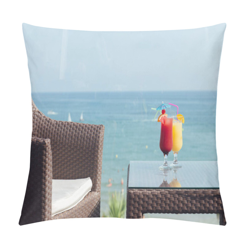 Personality  Glasses Of Cocktails On Table Near Chair With Seascape And Clear Sky At Background  Pillow Covers