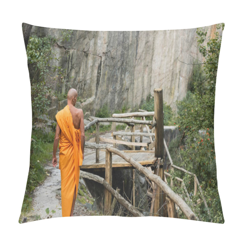 Personality  Back View Of Buddhist In Orange Kasaya Walking Near Wooden Walkway And Rocks In Forest Pillow Covers