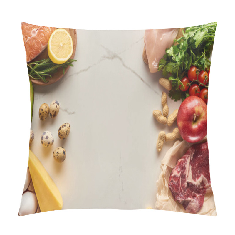 Personality  Top View Of Raw Meat, Poultry And Fish With Eggs, Avocado, Lemon, Cheese, Branch Of Tomatoes, Peanuts And Greenery Twigs Pillow Covers