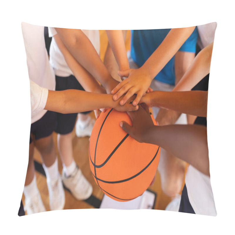 Personality  Close-up Of Schoolkids Forming Hand Stack On Basketball At Basketball Court In School Pillow Covers