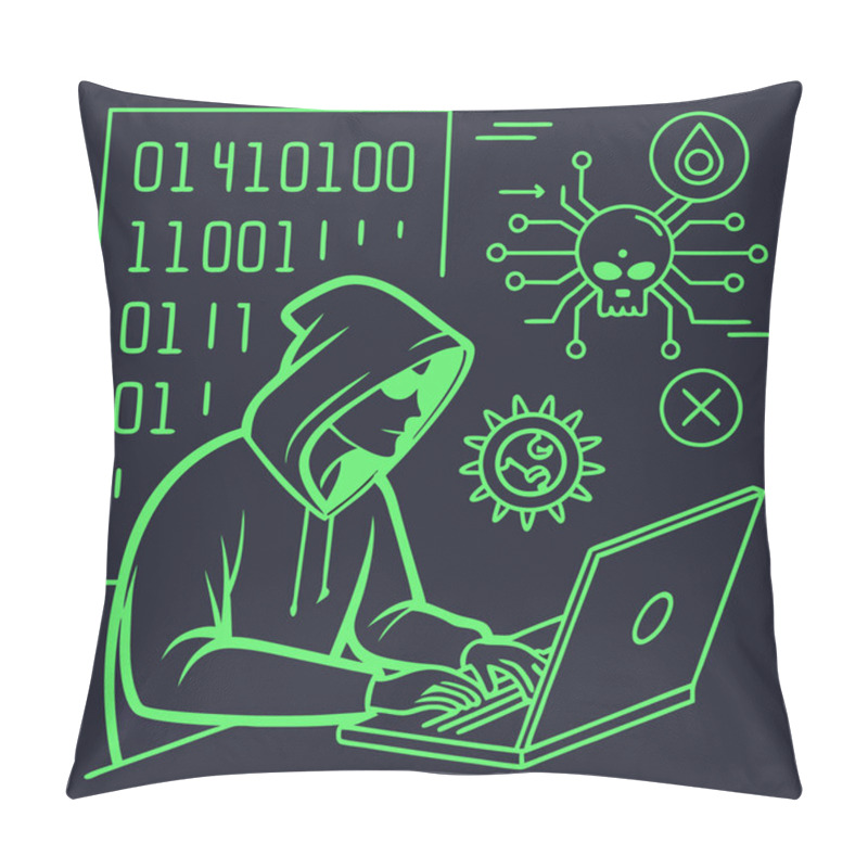 Personality  A Bold Vector Featuring Hacker Motifs In Neon Green Against Dark Backgrounds, Symbolizing Cybersecurity, Hacking Culture, And Technology. Pillow Covers