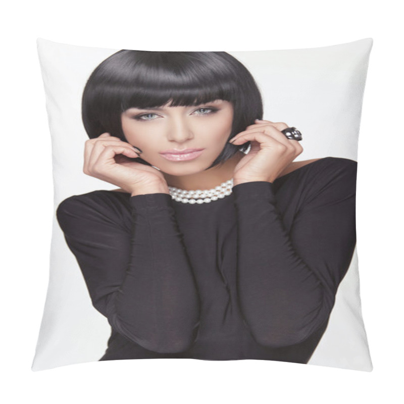 Personality  Vogue Style. Fashion Beauty Woman. Brunette Lady With Black Shor Pillow Covers