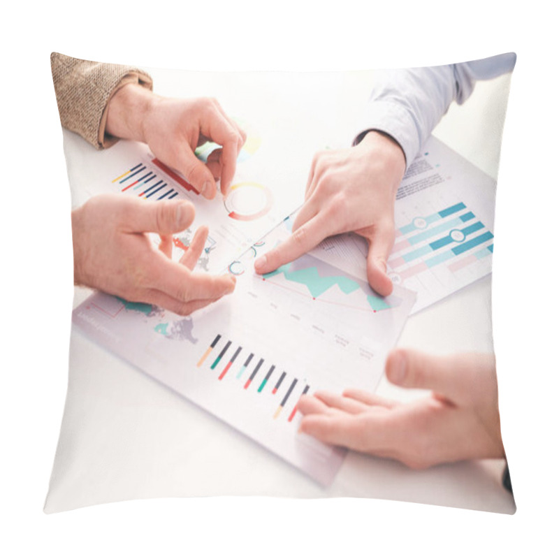 Personality  Close-up Of Unrecognizable Business Colleagues Sitting At Table And Analyzing Graph Growth At Meeting Pillow Covers