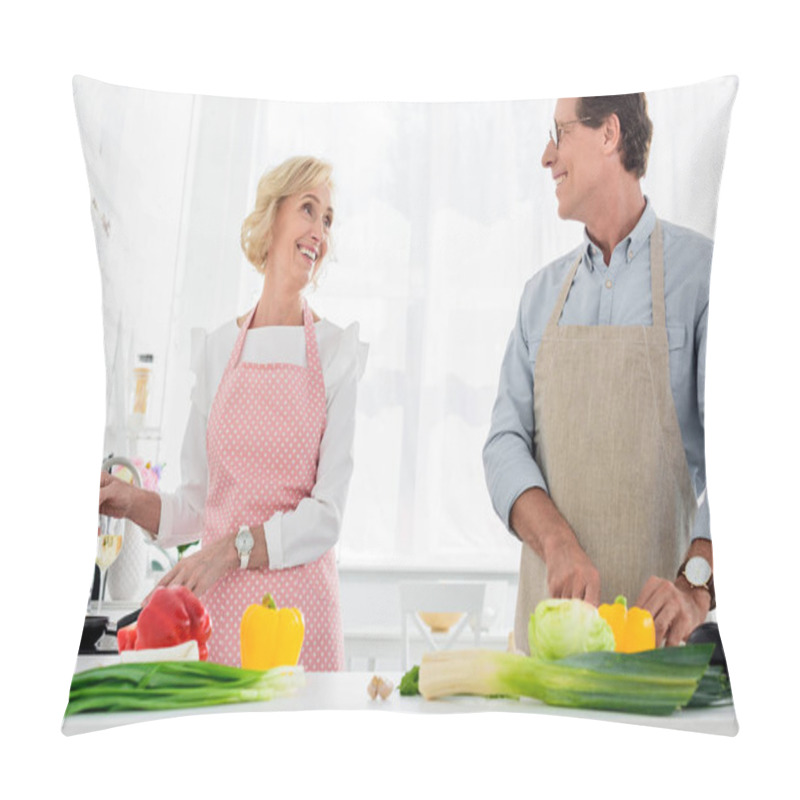 Personality  Happy Senior Couple Cooking Together At Kitchen And Looking At Each Other Pillow Covers