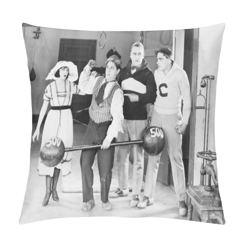 Personality  Man Showing Off His Strength While Others Watch In Disbelief Pillow Covers