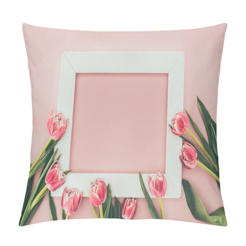 Personality  Beautiful Pink Tulip Flowers And Empty White Frame On Pink   Pillow Covers