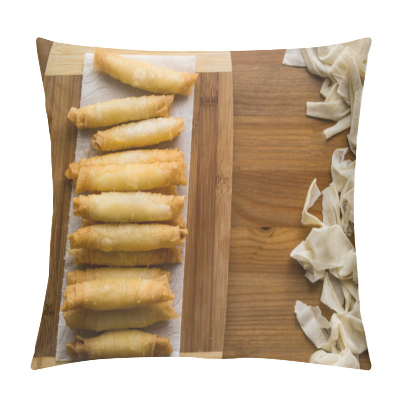 Personality  Sigara Boregi / Turkish Cigar Shaped Rolls On A Wooden Surface. Pillow Covers