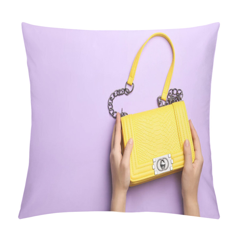 Personality  Woman Holding Small Bag On Lilac Background, Top View. Space For Text Pillow Covers