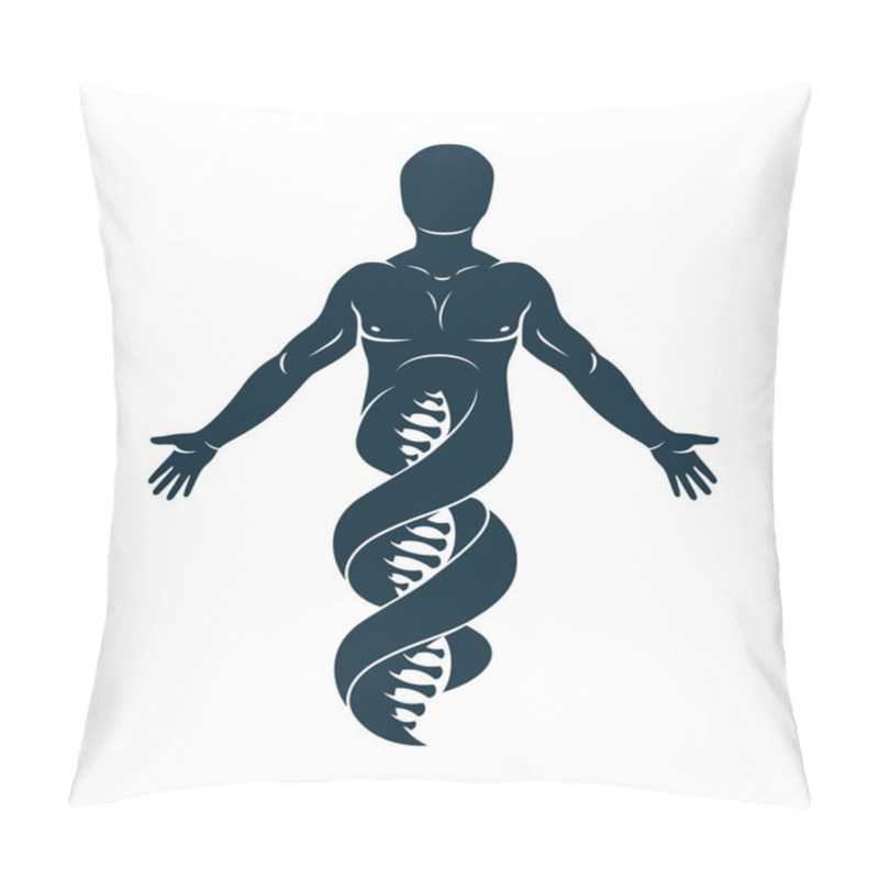 Personality  Vector Graphic Illustration Of Strong Male Made As DNA Symbol Continuation. Bioengineering As The Direction Of Genetics. Pillow Covers