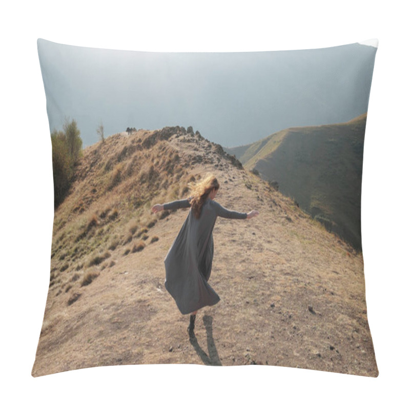 Personality  Beautiful Girl In A Flying Dress Is Walking Along The Road With A Mountain View Pillow Covers