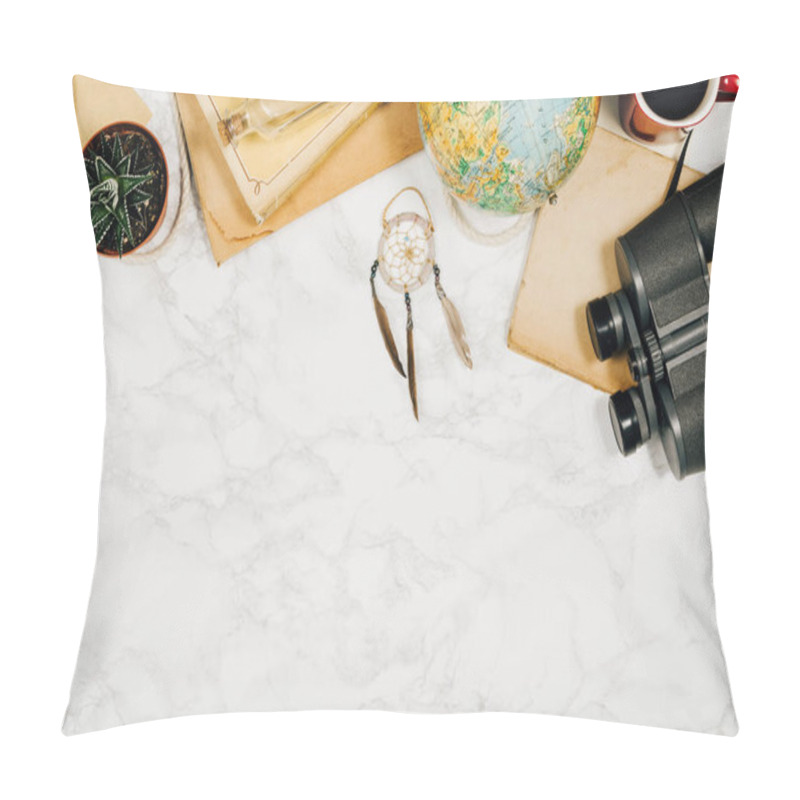 Personality  Travel Accessories Top View White Marble Background With Copy Space Pillow Covers