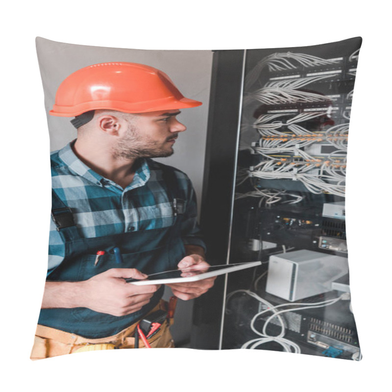 Personality  Handsome Bearded Workman Holding Digital Tablet And Looking At Wires And Cables  Pillow Covers