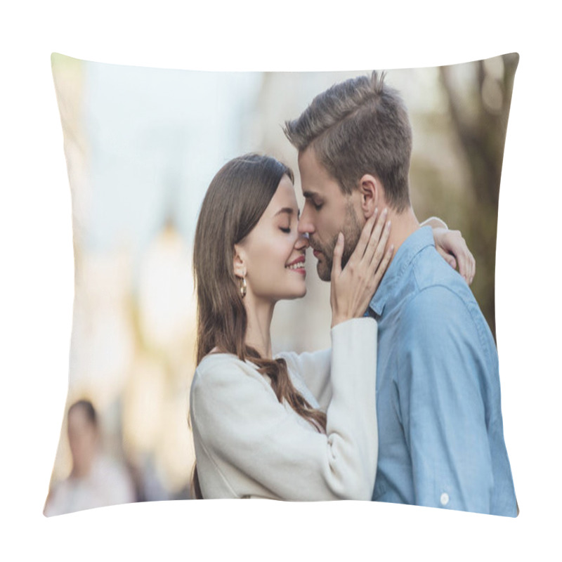 Personality  Happy Girl With Closed Eyes Kissing Handsome Boyfriend On Street Pillow Covers