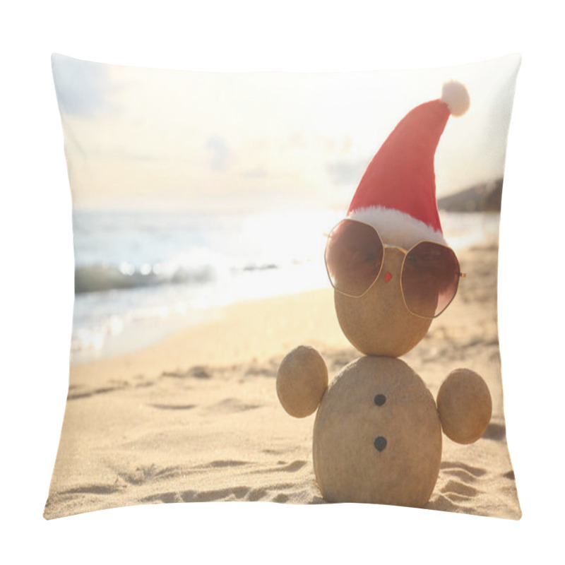 Personality  Snowman Made Of Sand With Santa Hat And Sunglasses On Beach Near Sea, Space For Text. Christmas Vacation Pillow Covers